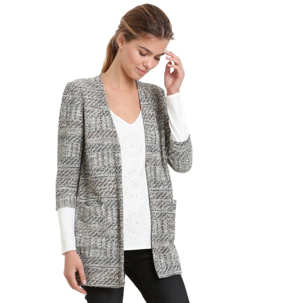 Desigual Tweed Faux 2 Piece Sweater Cardigan Set Top grey/ white Women'large